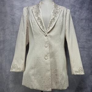 Vintage Hobby Horse Blazer Womens Large Cream Brocade Beaded Metallic Made USA